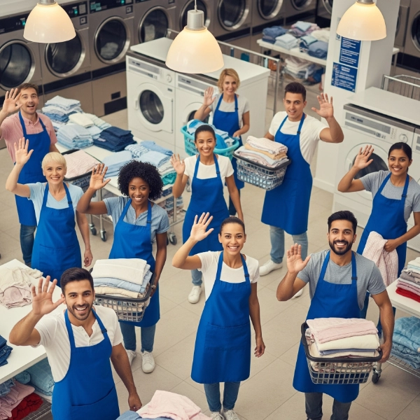 Laundromat Workers Looking Up And Waving In Blue Aprons 600X600