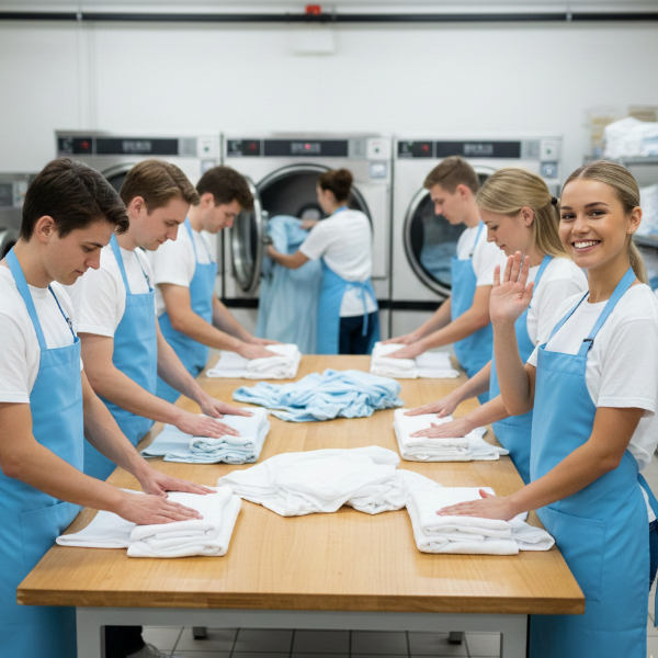 Laundry Staff In Sky Blue Aprons Folding Clothes 600X600